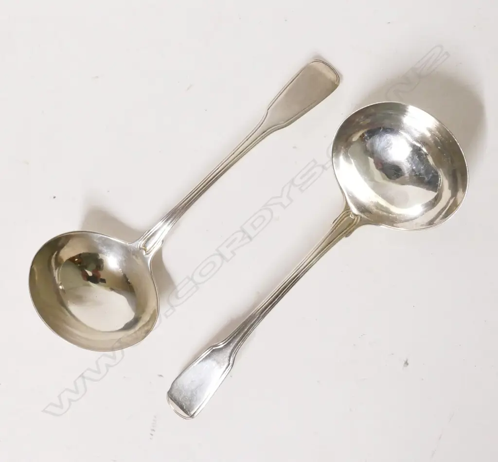 A pair of Georgian fiddle and thread silver sauce ladles. London 1799 by William Eley and William Fearn Image 1++