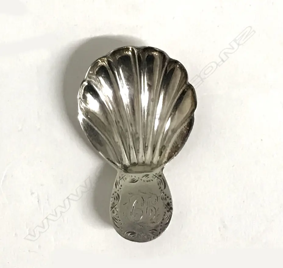 A George IV silver caddy spoon with shell bowl and beaded handle Image 1++