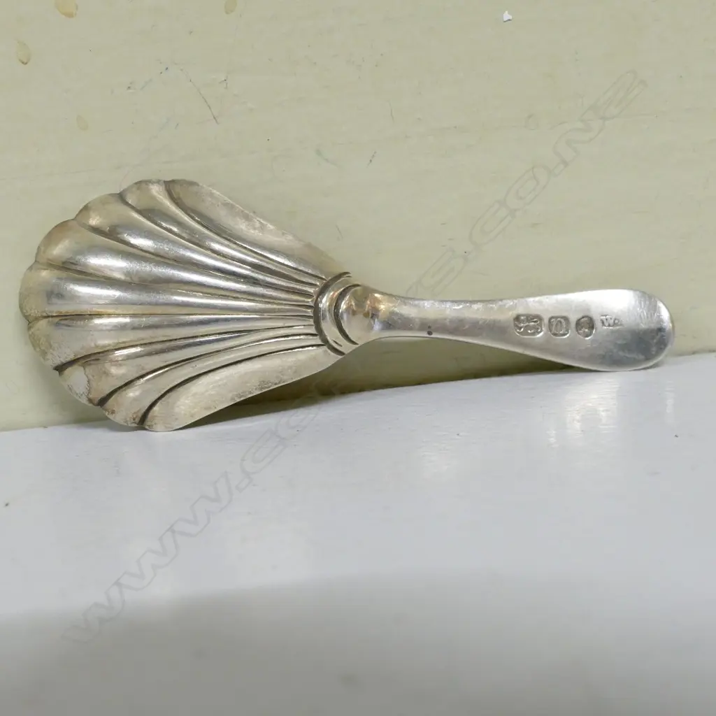 A George IV silver caddy spoon with shell bowl and a broad engraved handle Image 1++