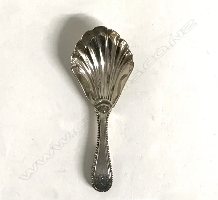 A George IV silver caddy spoon with shell bowl and a broad engraved handle Image 1++