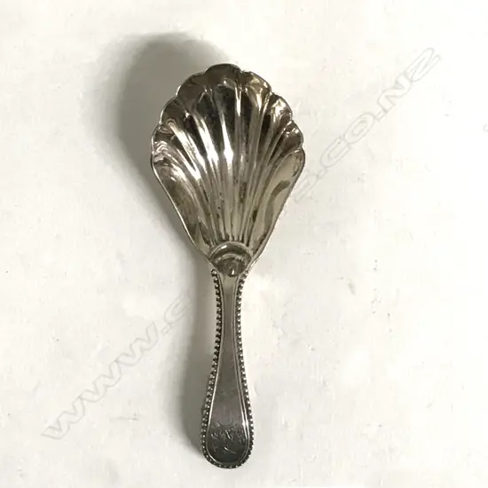 A George IV silver caddy spoon with shell bowl and a broad engraved handle
