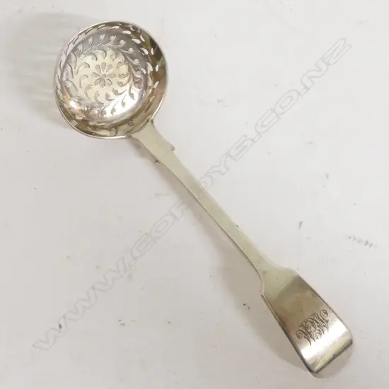 An early Victorian fiddle pattern silver sugar sifting ladle