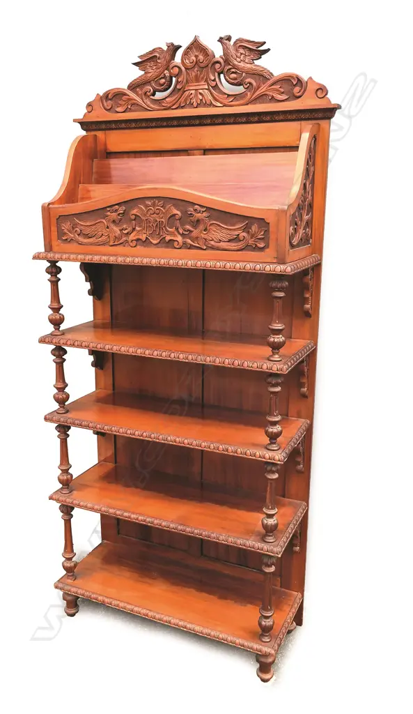 A good New Zealand colonial carved rimu whatnot bookcase with provenance Image 1++
