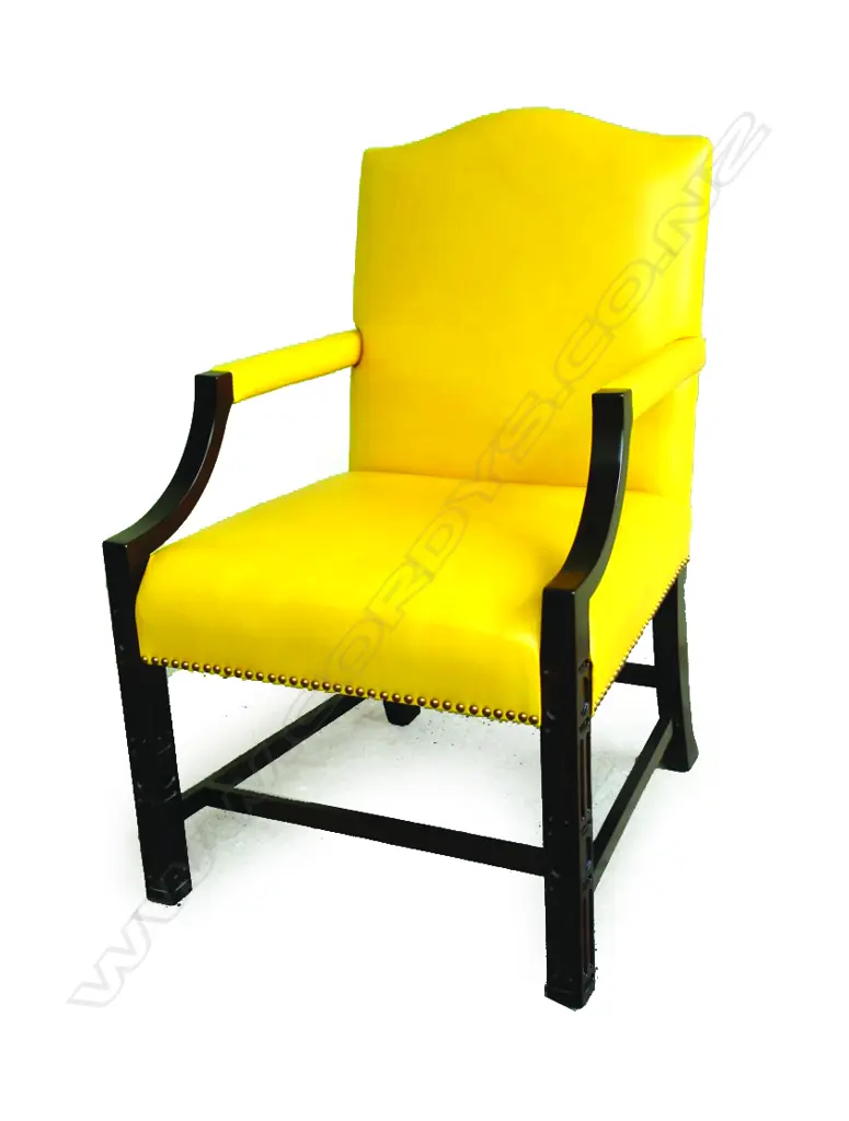 A pair of contemporary designer ebonised wood and mustard leather Gainsborough chairs Image 1++