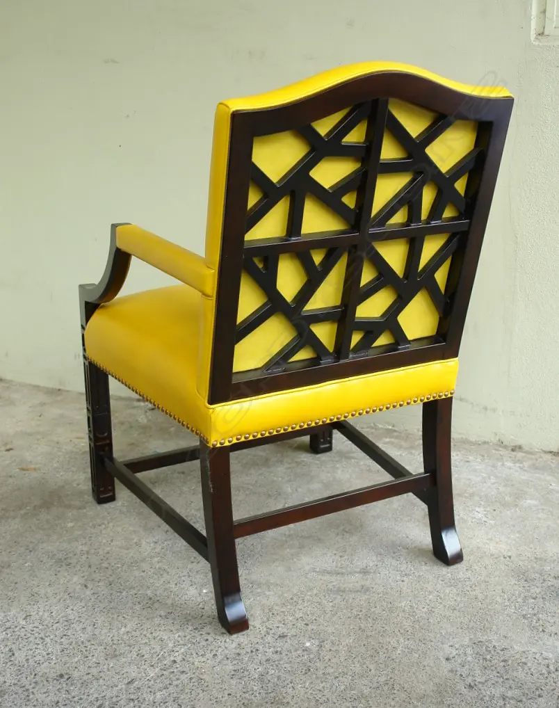 A pair of contemporary designer ebonised wood and mustard leather Gainsborough chairs Image 1++