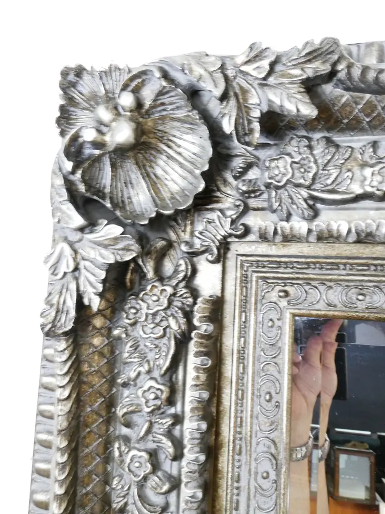 A large and ornate moulded framed overmantel mirror Image 1++